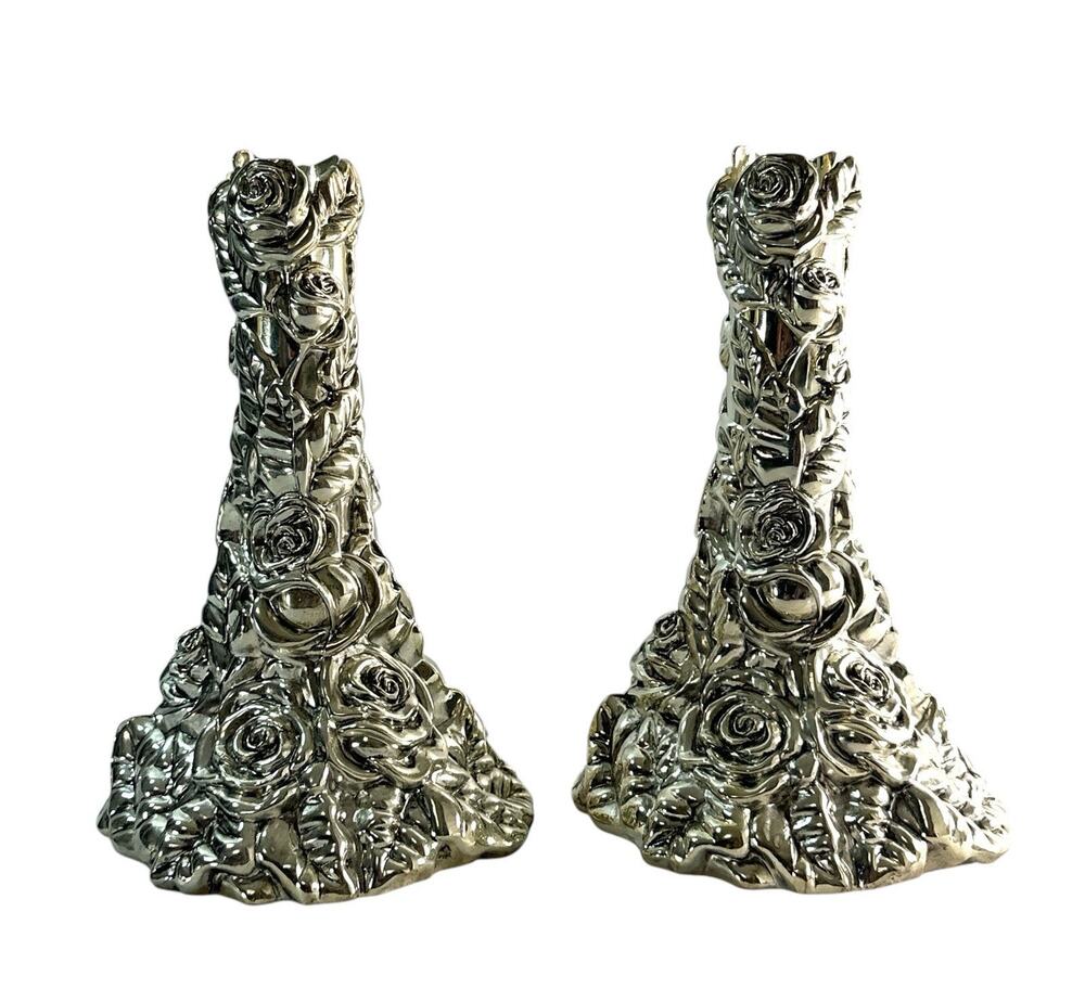 Vintage Silver Plated Rose Floral Taper Candle Holders Pair 7” Ornate